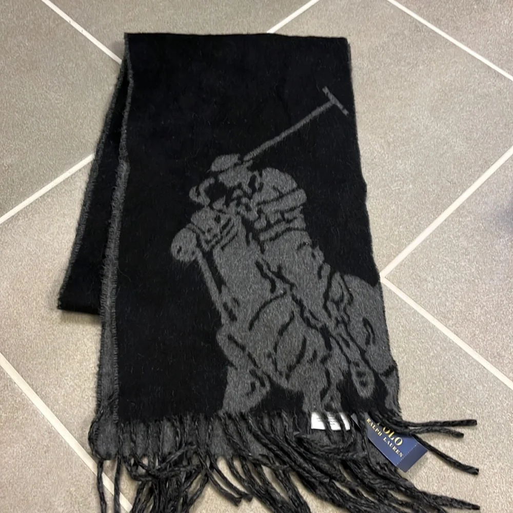 Polo Ralph Lauren Player logo made in Italy Wool winter scarf new black grey